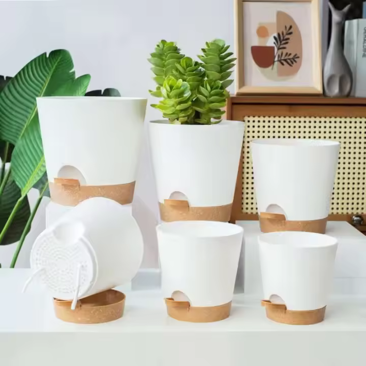 Venta al por mayor de macetas de jardín, macetas de agua para plantas de interior, macetas de plástico con riego automático, blanco y verde, 6 uds. - 1