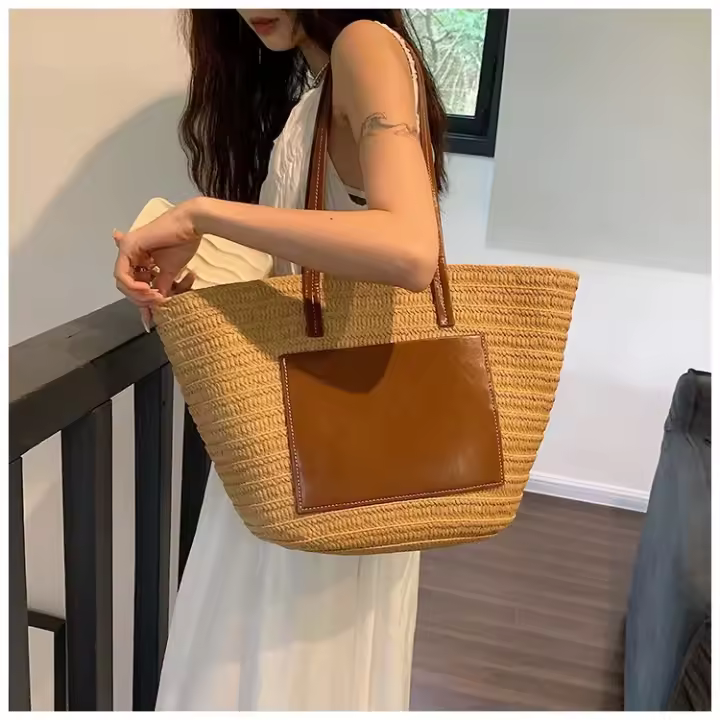 Bolso de Paja Tejido para Mujer de Gran Capacidad Bolso de Mano Práctico para Commuter - 1