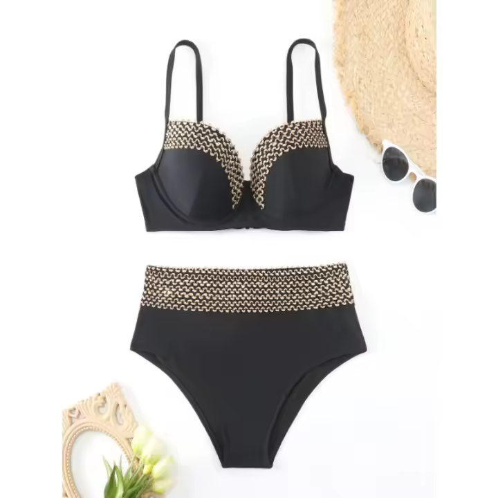 Bikini de cintura alta para mujer, traje de baño de dos piezas con realce, ropa de playa, 2024 - 1