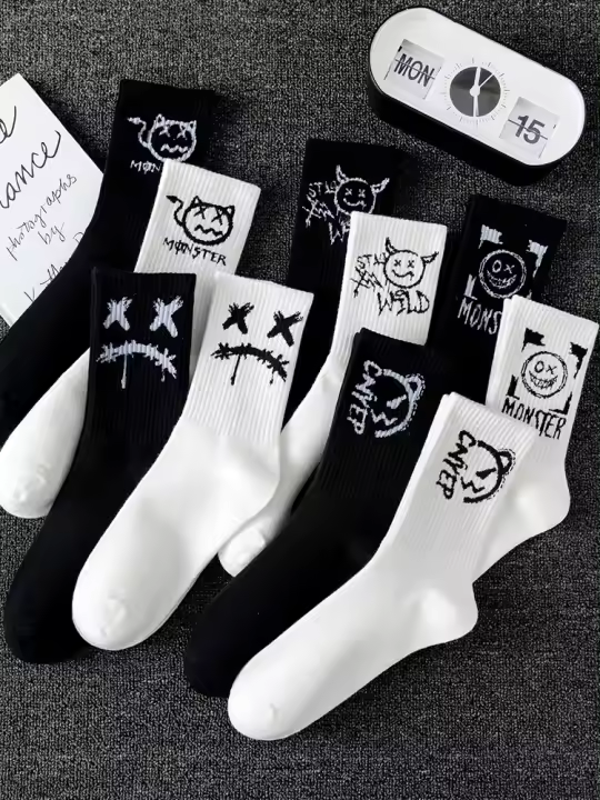 10 pares de calcetines deportivos para hombre, informales, transpirables y versátiles. Calcetines personalizados con graffiti de cara de fantasma - 1