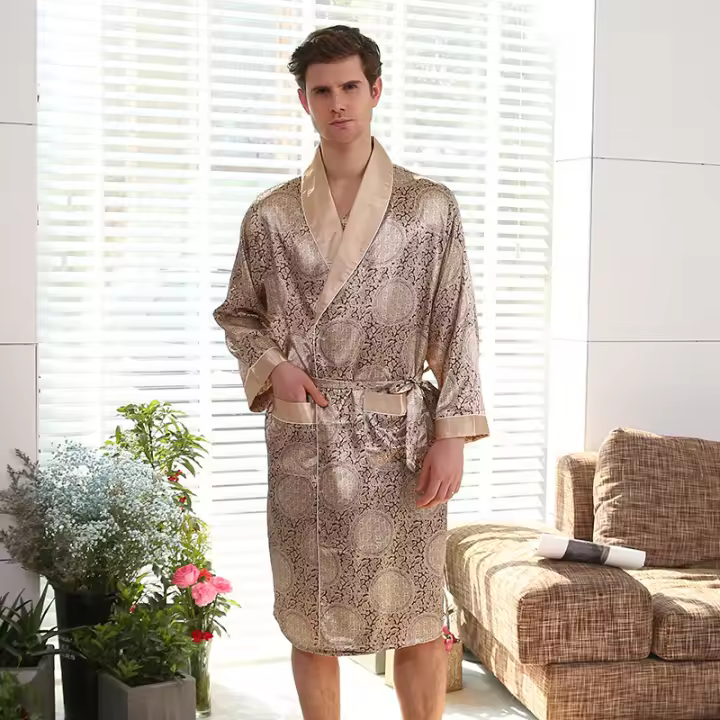 Camisón de seda individual para hombre, pijama de manga larga, bata de baño de talla grande - 1
