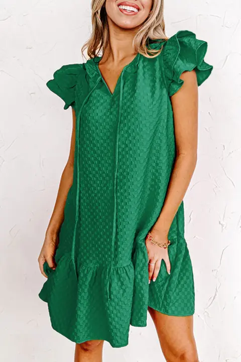 Elrachen Vestido de mujer con mangas onduladas y textura con volantes, verde negruzco, tallas S-2XL - 1