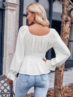 Top informal de manga con volantes para mujer, Top con cuello redondo y cintura, Color liso, otoño e invierno, 2023 - details 5