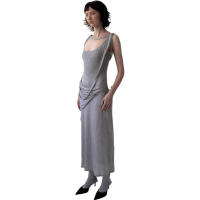 BUNO-Vestido grande de algodón puro con cuello en U para mujer, prenda informal y cómoda, con cintura irregular y falda larga adelgazante, color gris - details 5