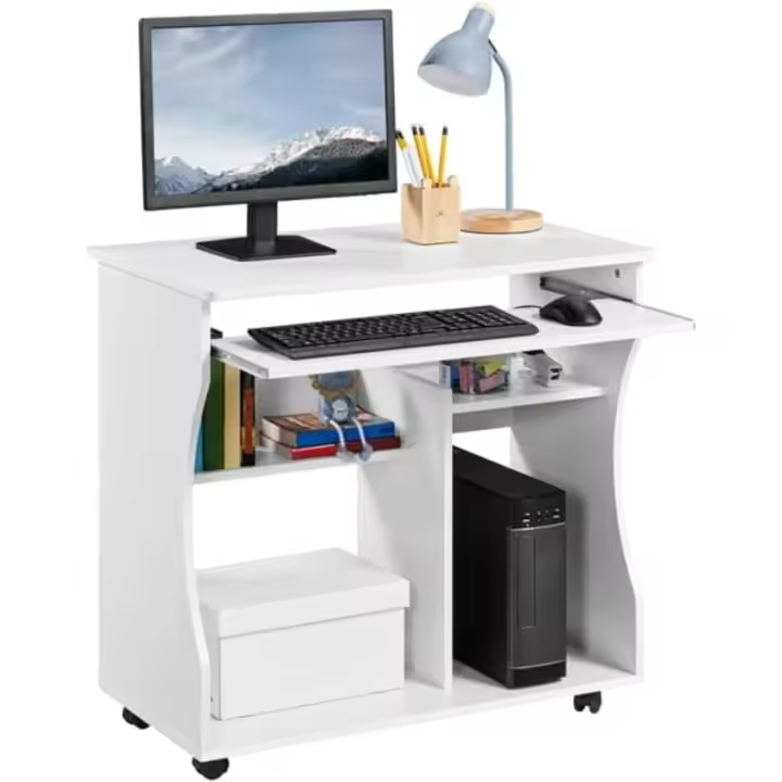 Mesa Escritorio con Ruedas Mesa de Oficina con Bandeja Extraíble 80x48x76 cm Escritorio Ordenador con Cajones para PC Impresora Despacho Estudio Blanco - 1