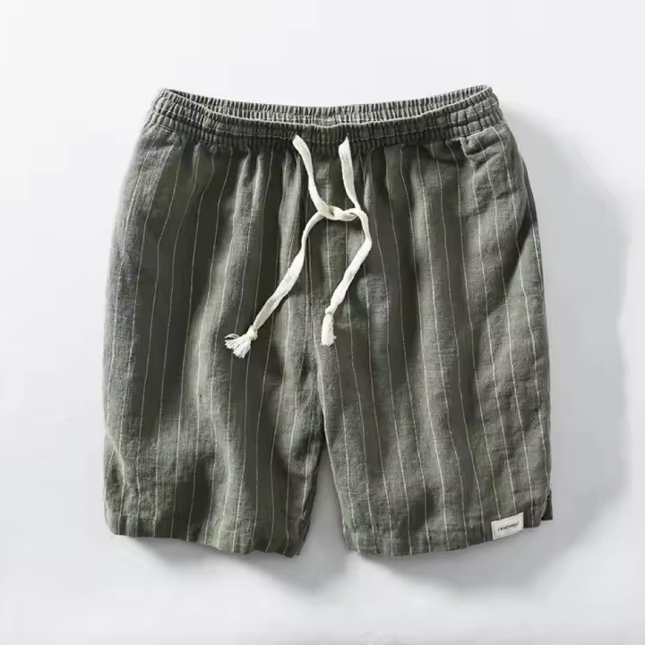 Pantalones cortos de lino para hombre, rayados de verano, transpirables, ajuste suelto y ajustado con cordones. Ideales para la playa. - 1
