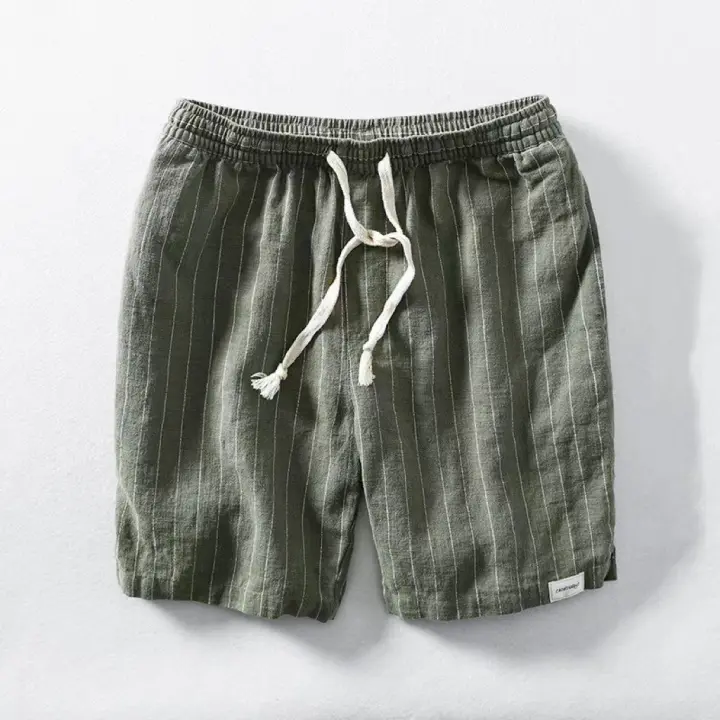 Pantalones cortos de lino para hombre, rayados de verano, transpirables, ajuste suelto y ajustado con cordones. Ideales para la playa. - 1