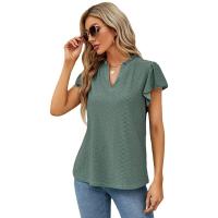 2025 primavera y verano europeo y americano nuevo jacquard con cuello en v mangas apiladas camiseta de manga corta top ropa de mujer - details 1