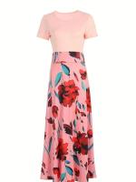 Vestido de manga corta a juego con estampado de flores de estilo europeo y americano para mujer, falda con vuelo grande, 2024 - details 7
