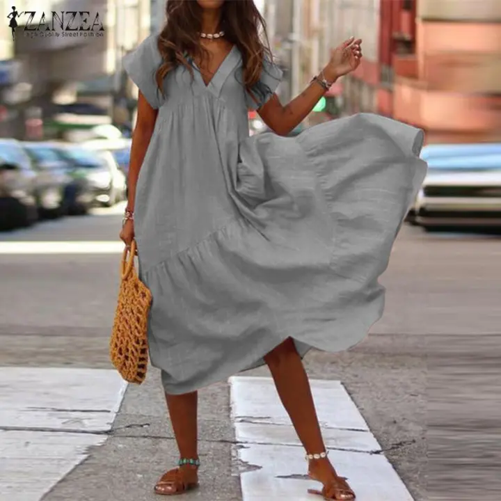 Vestido Boho Casual para Mujer Cuello en V, Manga Corta con Volantes, Vestido de Playa y Fiesta a Lo Grande - 1