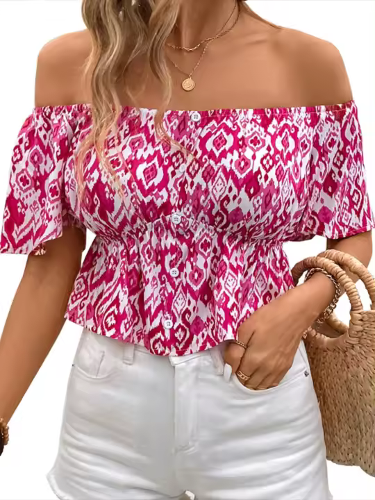 Blusas estampadas con hombros descubiertos para mujer, ropa abotonada elegante y juvenil, top para mujer - 1