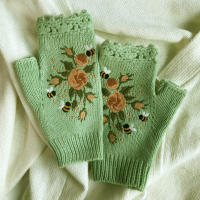 Guantes cálidos sin dedos para mujer, calentadores térmicos de punto con flores bordadas, invierno frío - details 0