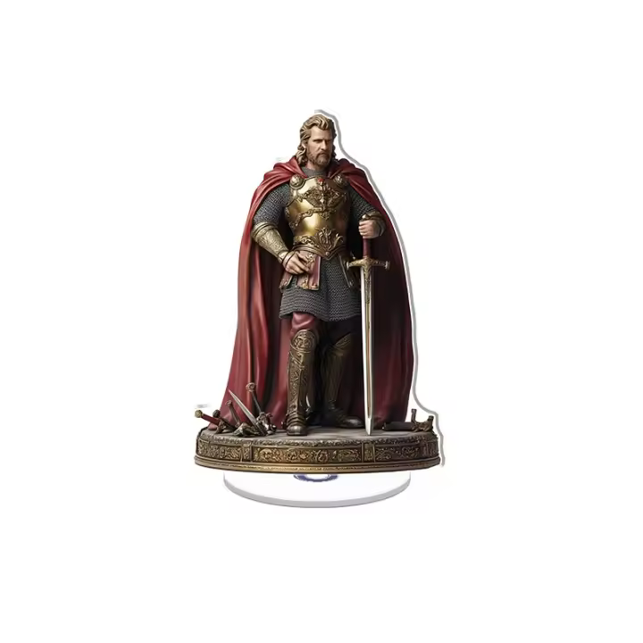 Escultura acrílica giratoria del Rey Arturo con un diseño detallado sosteniendo una espada con una capa roja, ricos colores y texturas, colocada sobre un pedestal rodeado de espadas. - 1