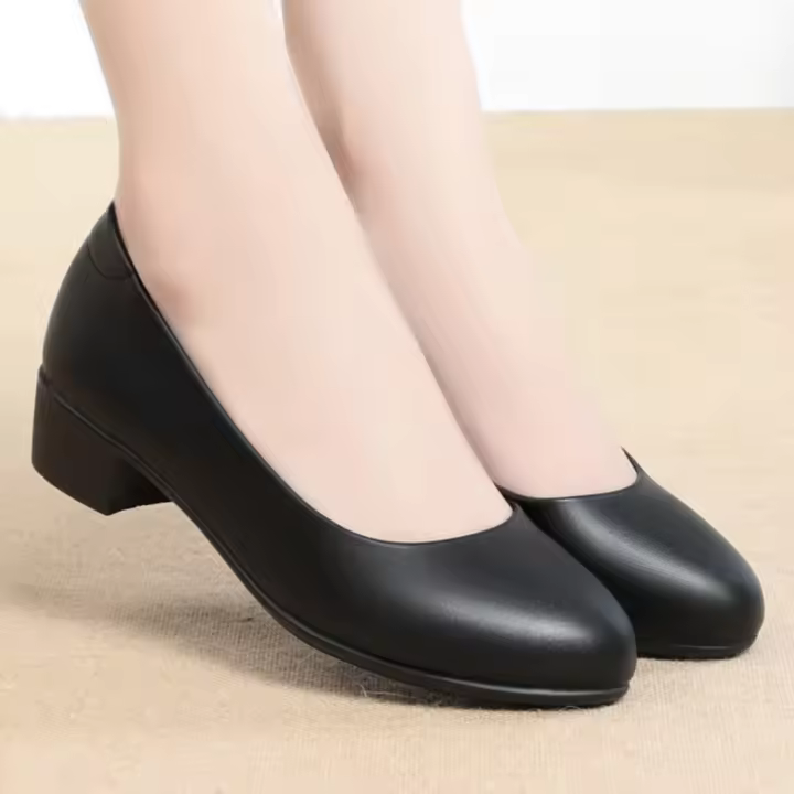 Zapatos de Trabajo Comodos y Versátiles Punta Redonda Tacón Medio Negro - 1