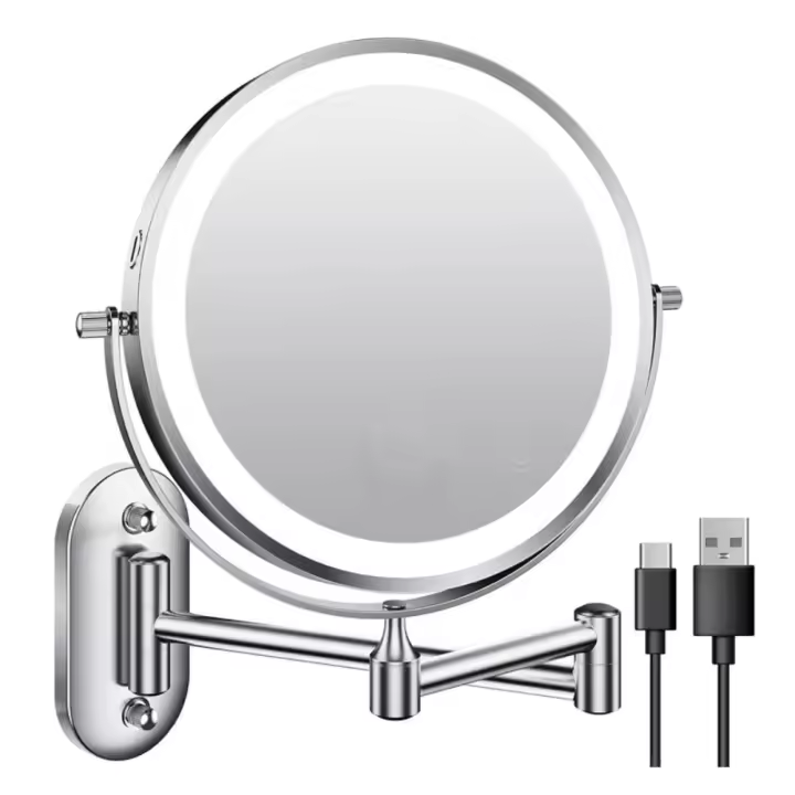 Espejo de maquillaje para baño LED 360 °   Espejo de maquillaje montado en la pared plegable giratorio, espejo de maquillaje telescópico transparente de doble cara para baño - 1