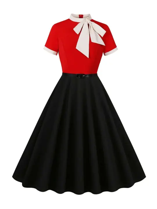 Vestido de Parche de Dos Tonos Vintage con Cuello de Lazo Manga Corta de Verano - 1