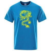 Camiseta holgada de algodón para hombre, ropa de calle de gran tamaño, transpirable, con estampado de dragón amarillo, estilo chino - details 15