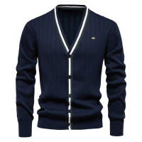 Suéter de manga larga con cuello en V para hombre, chaqueta de punto acanalada de color en contraste de moda - details 3