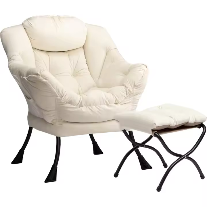 Sillón con reposapiés, sillón de salón, sillón relax de terciopelo, sillón de lectura para dormitorio, cómodos sillones de salón, silla de metal. - 1