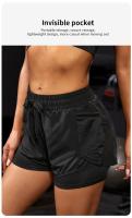 Pantalones cortos deportivos elásticos para mujer con bolsillos, mallas falsas de Yoga para correr y entrenar, tamaño real - details 2