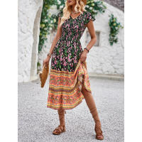 Vestido de verano con estampado bohemio, estilo de vacaciones, cuello en V, manga acampanada, moda para mujer - details 15