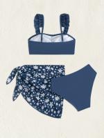 Conjunto de Bikini para Niñas con Decoración de Borde Plisado y Falda de Playa con Estampado Floral - details 1