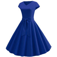 Women summer vintage with belt short sleeve v neck elegant retro swing party dresses - details 46