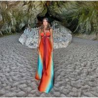 Vestido Largo de Tie-dye de Gradiente Vestido Chic de Vacaciones para Mujer con Espalda Abierta y Pliegues - details 9