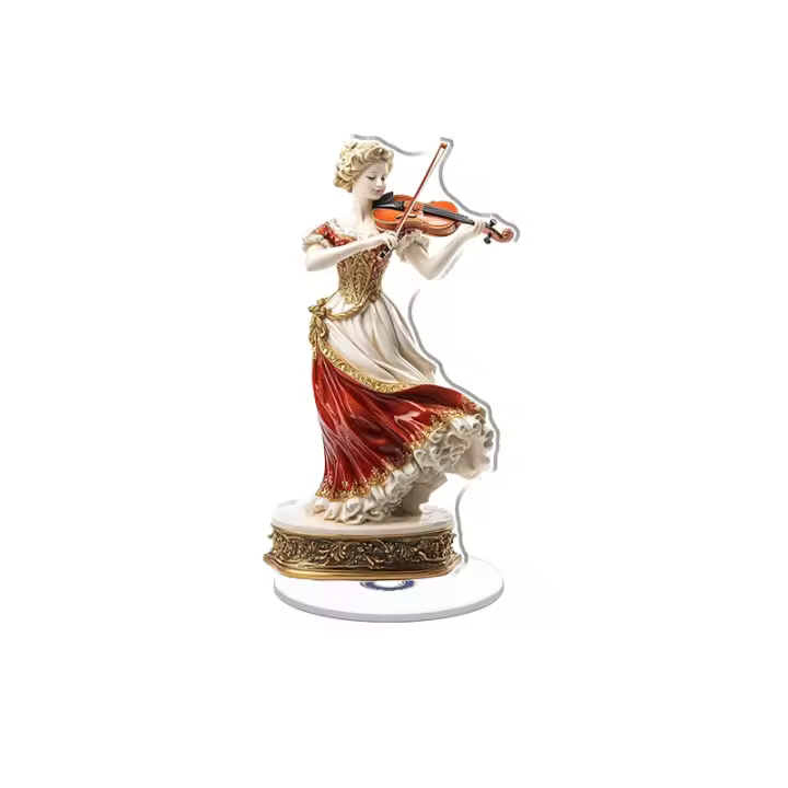 El adorno acrílico giratorio muestra una mujer de porcelana con un vestido rojo y blanco tocando el violín con detalles dorados sobre un elegante pedestal. - 1