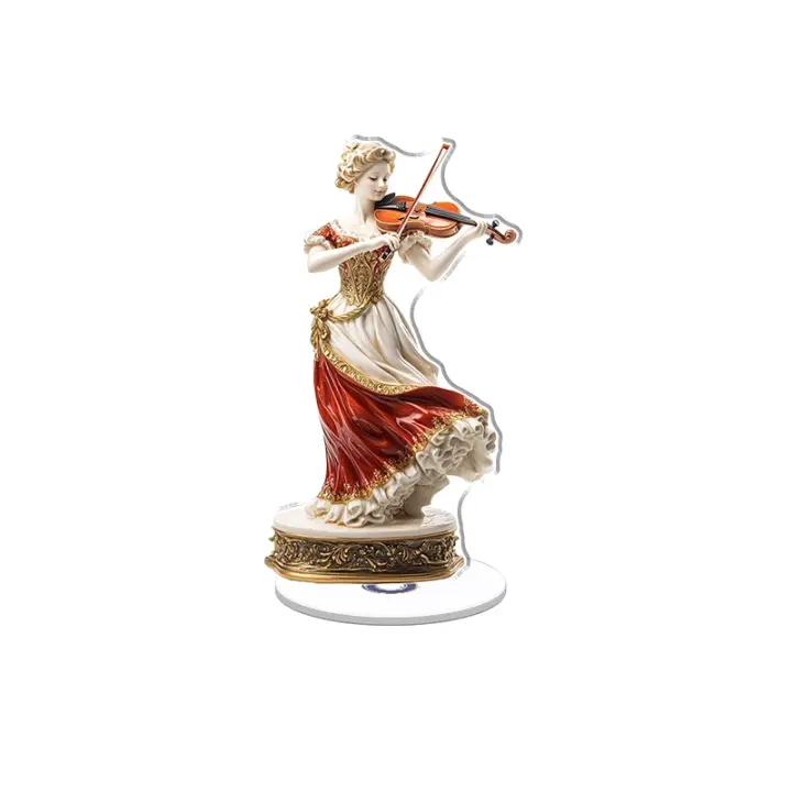 El adorno acrílico giratorio muestra una mujer de porcelana con un vestido rojo y blanco tocando el violín con detalles dorados sobre un elegante pedestal. - 1