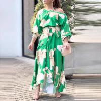 2025 Vestido elegante de cintura alta con hombros inclinados y mangas farol estampadas Ins para mujer - details 4