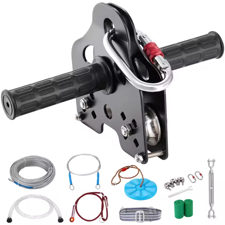 SucceBuy Kit de tirolesa para niños y adultos, línea de cremallera de 100 pies con capacidad de 500 lb, configuración rápida para diversión en el patio trasero, incluye cable de acero inoxidable, freno de resorte, arnés de seguridad y asiento - 1