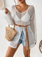 Vestido playero de manga larga para mujer, cárdigan de punto transparente con ribete de encaje, ropa de malla para resort, pareo de baño para vacaciones de verano - details 3