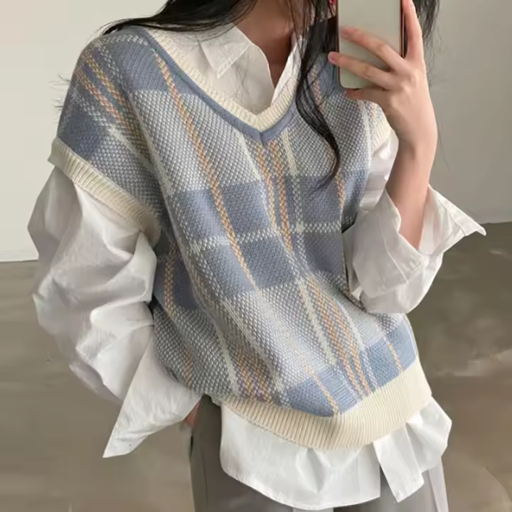 Ve a cuadros con cuello en V Retro, corte holgado Ue, moda de punto para mujer coreana - 1