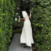 BUNO-Vestido largo con lazo para mujer, prenda de cintura alta, manga corta, elegante, ajustado, para fiesta - details 6