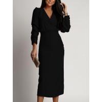 Noche elegante y bonita con cuello en V para mujer, vestidos divididos de color sólido, nueva moda, vestido de manga larga - details 3
