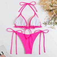 Bikini de mujer marrón sexy, camisola roja lisa, lazo lateral de sujetador reforzado, traje de baño triangular, cordones de verano, 2025 - details 1