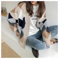 Cárdigans elegantes a cuadros para mujer, suéteres de gran tamaño con botones y manga abombada, Tops para invierno y primavera 2024 - details 4