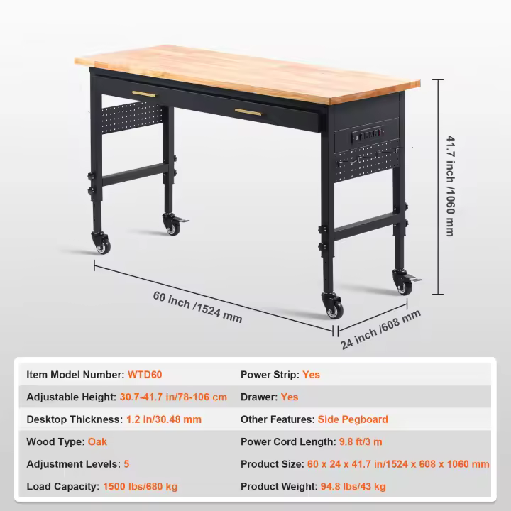 SucceBuy Banco de trabajo ajustable, tomas de corriente, tapa de madera dura, marco de metal, almohadillas para los pies, oficina/hogar/garaje - 1