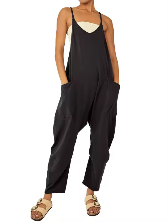 Mono informal de verano sin mangas con pernera ancha para mujer, pantalones de color liso con peto, mono culotte con bolsillos - 1