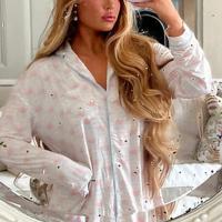 Conjunto de ropa de dormir cómodo para mujer, camisa, blusa y pantalones con estampado gráfico de manga larga, estilo vintage, 2 piezas - details 15