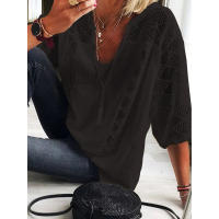 Blusa de Lino y Algodón para Mujer Cuello en V, Manga 3/4, Blusa Holgada Informal, Moda Diaria - details 14