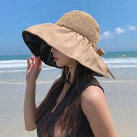 Visera anti ultravioleta tejida de paja para mujer Summer Sun con pegamento negro grande junto al mar, sombrero para el sol transpirable - details 0