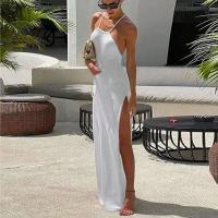 2025 Primavera y verano Estilo caliente Doble cara Abertura larga Correas sexy Espalda bonita Color sólido Vestido de playa de punto - details 8