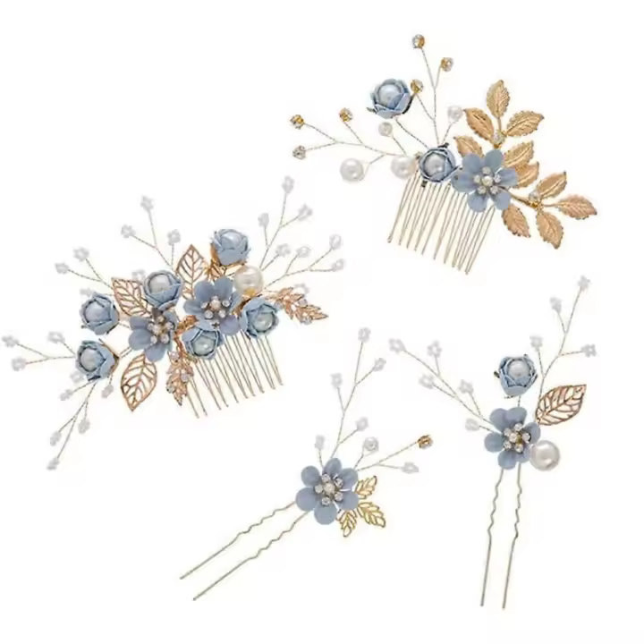 4 piezas de accesorios para el cabello de boda, peine, accesorios para el cabello con perlas, para el cabello calizo (azul) - 1