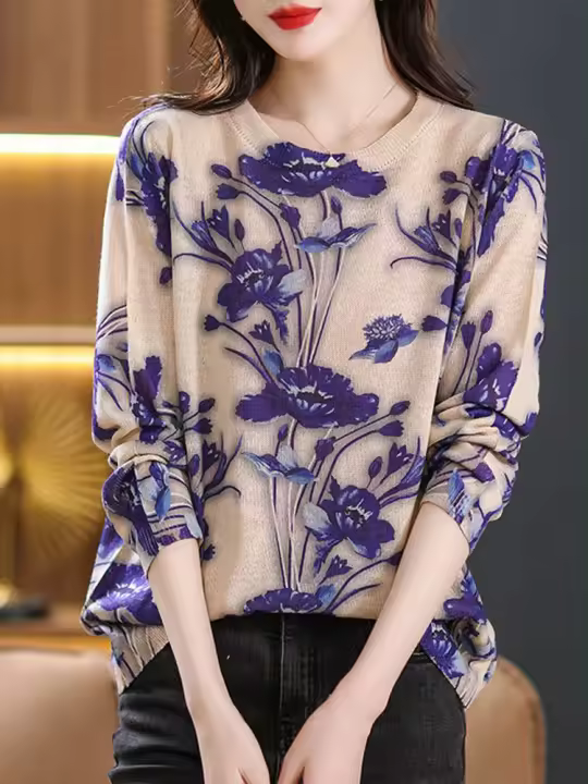 Suéter de Mujer con Estampado Floral de Algodón Masss Wasss Para Primavera/Verano Estilo Casual Elegante de Moda con Cuello Redondo Cuidado de la Piel Instrucciones de Lavado a Mano - 1