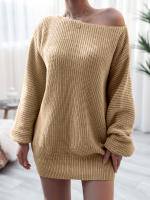Vestido de suéter suelto de manga larga con cuello oblicuo para mujer, Mini Vestidos de punto casuales, Color sólido, Otoño e Invierno - details 14