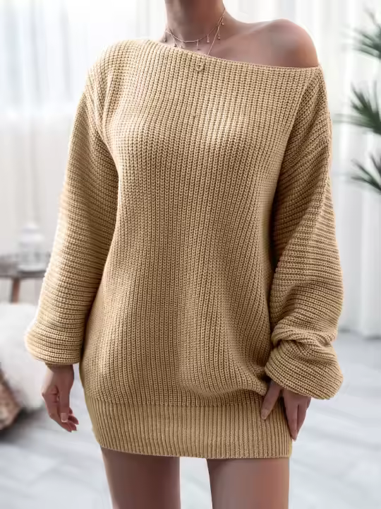 Vestido de suéter suelto de manga larga con cuello oblicuo para mujer, Mini Vestidos de punto casuales, Color sólido, Otoño e Invierno - 1