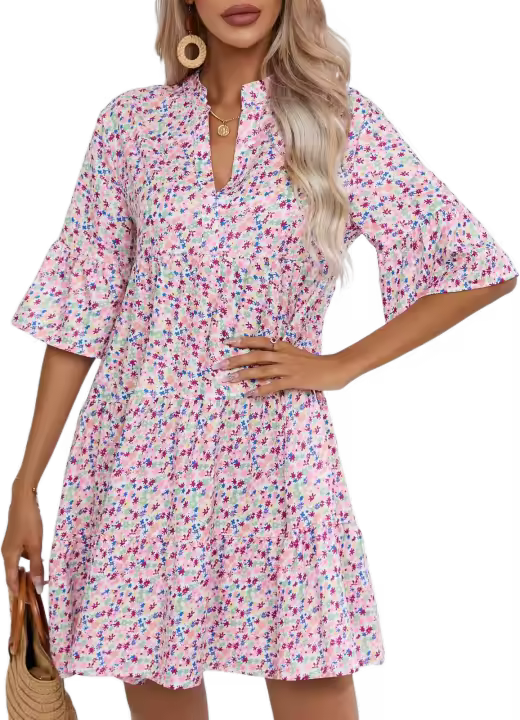 Vestido corto informal con estampado Floral para mujer, minivestido bohemio con manga de loto y cuello en V, color rosa - 1