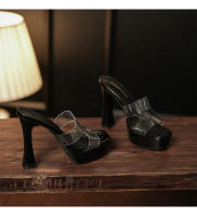 Transparente tacones altos impermeable mesa de una palabra cristal zapatillas frescas tacón grueso hermoso desgaste exterior verano super tacón alto - details 27